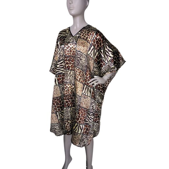 Vintage Boho Satin Cheetah Leopard Gold Patchwork Muumuu Caftan House Dress OSFM - Picture 1 of 7